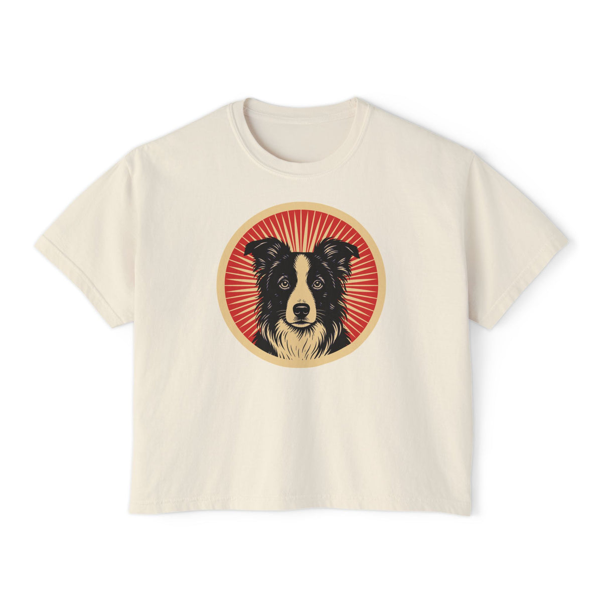 Border Collie badge art in a ring of red rays on a boxy tee