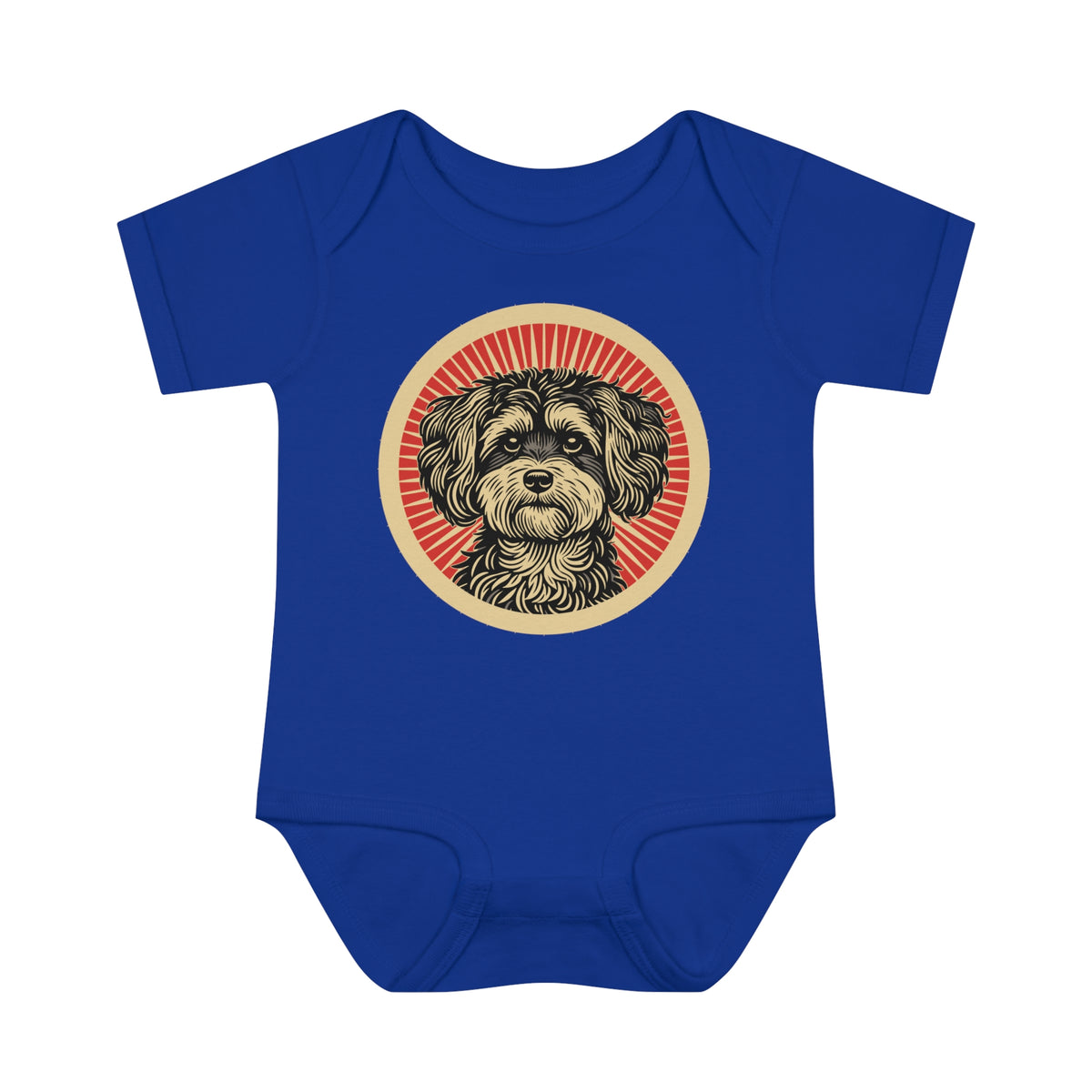 Maltipoo badge art in a ring of red rays on a baby bodysuit