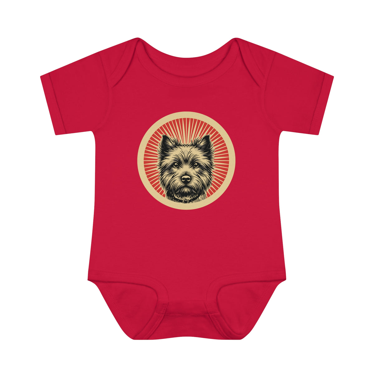Cairn Terrier badge art in a ring of red rays on a baby bodysuit