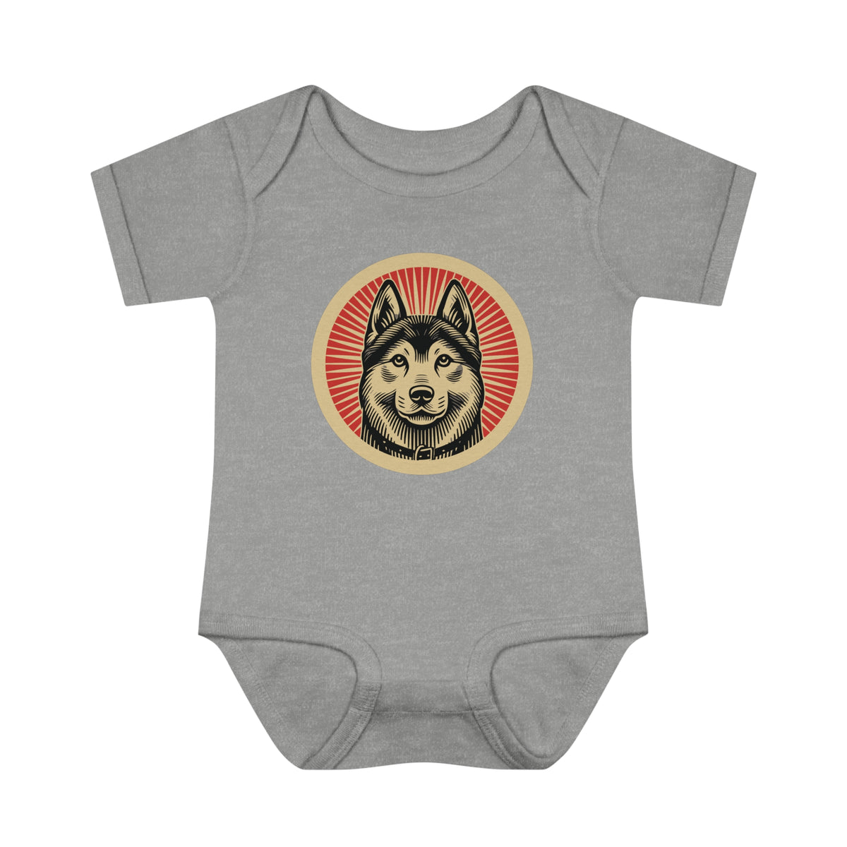 Norwegian Elkhound badge art in a ring of red rays on a baby bodysuit