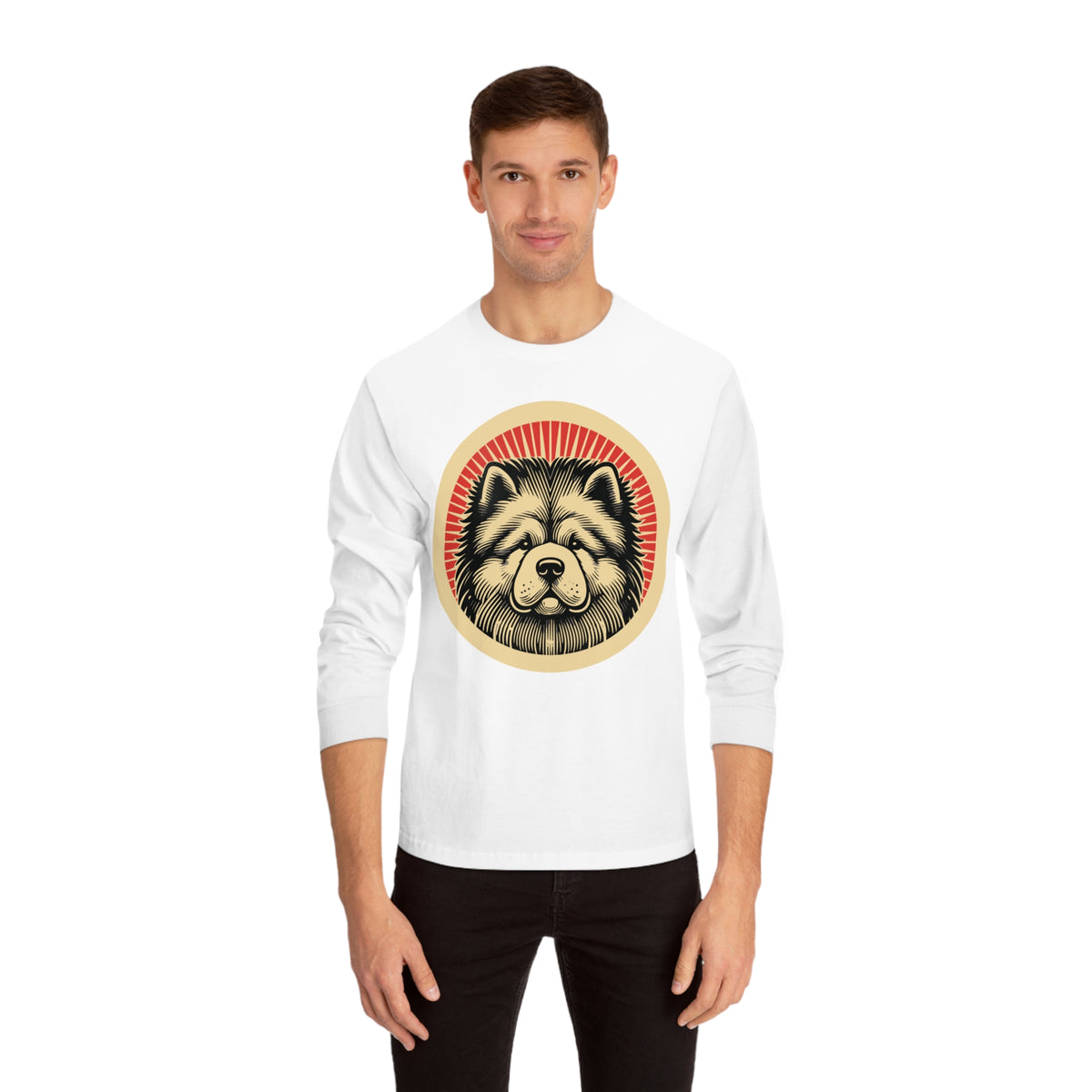 Chow Chow badge art in a ring of red rays on a long-sleeve tee