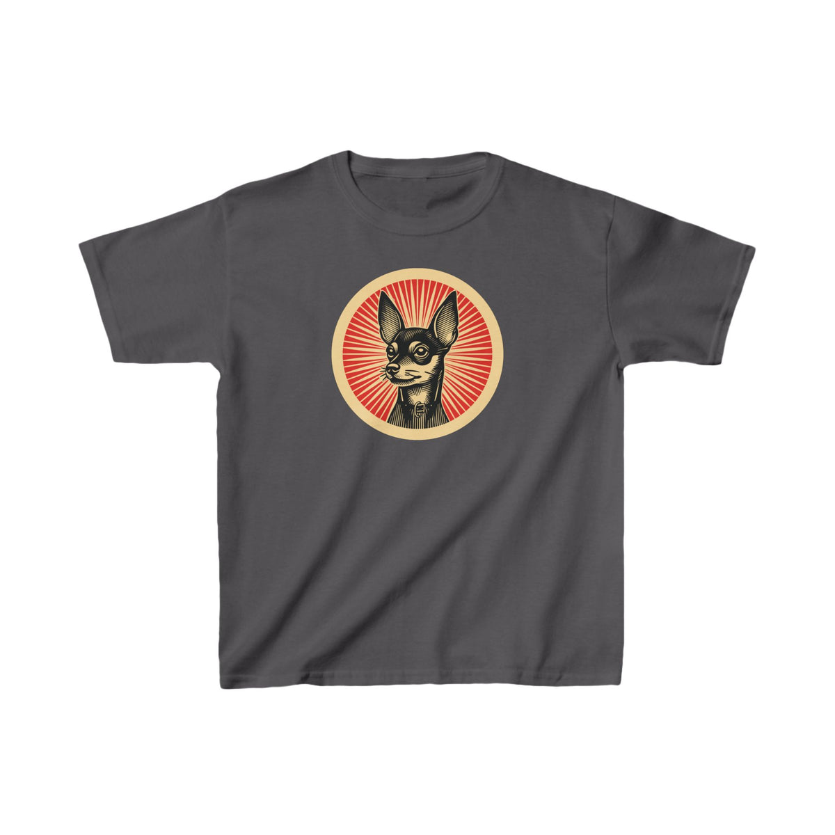 Miniature Pinscher badge art in a ring of red rays on a kids' tee