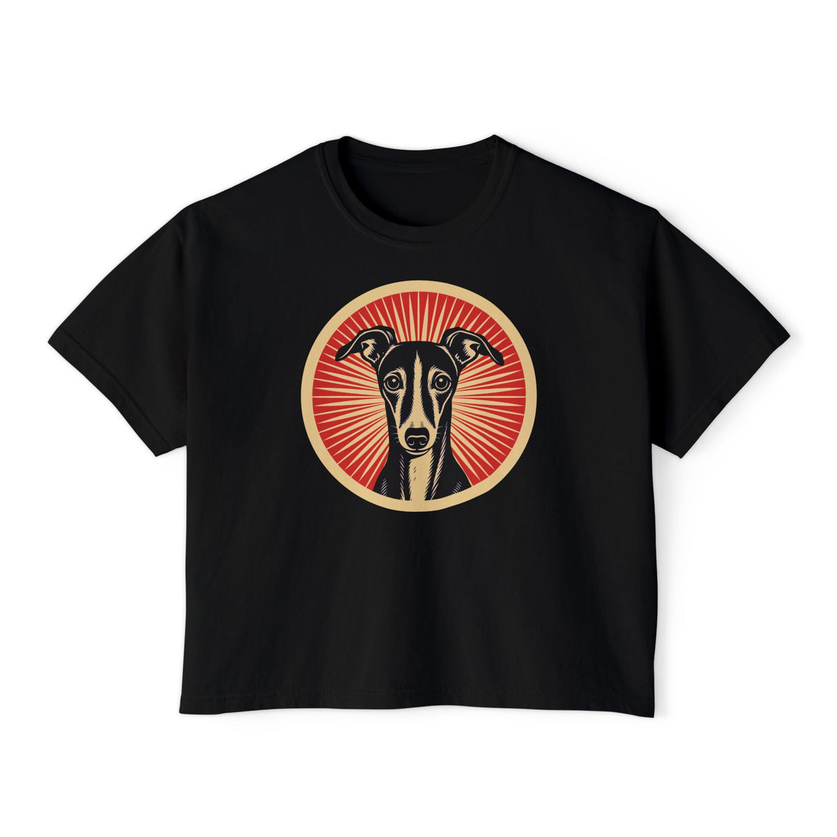 Italian Greyhound badge art in a ring of red rays on a boxy tee