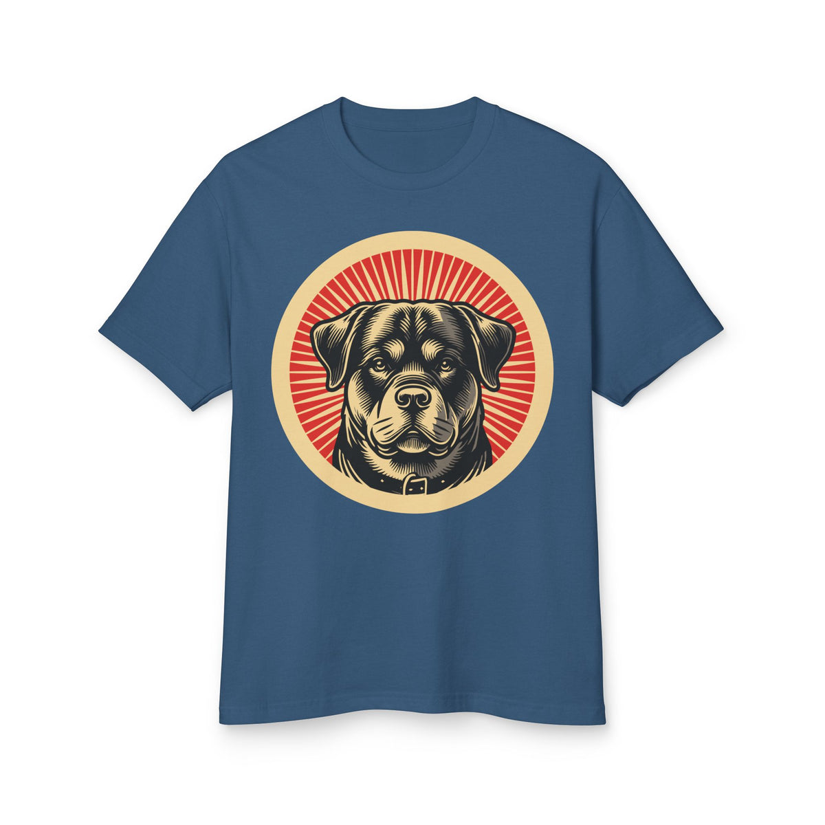 Rottweiler badge art in a ring of red rays on a heavyweight tee