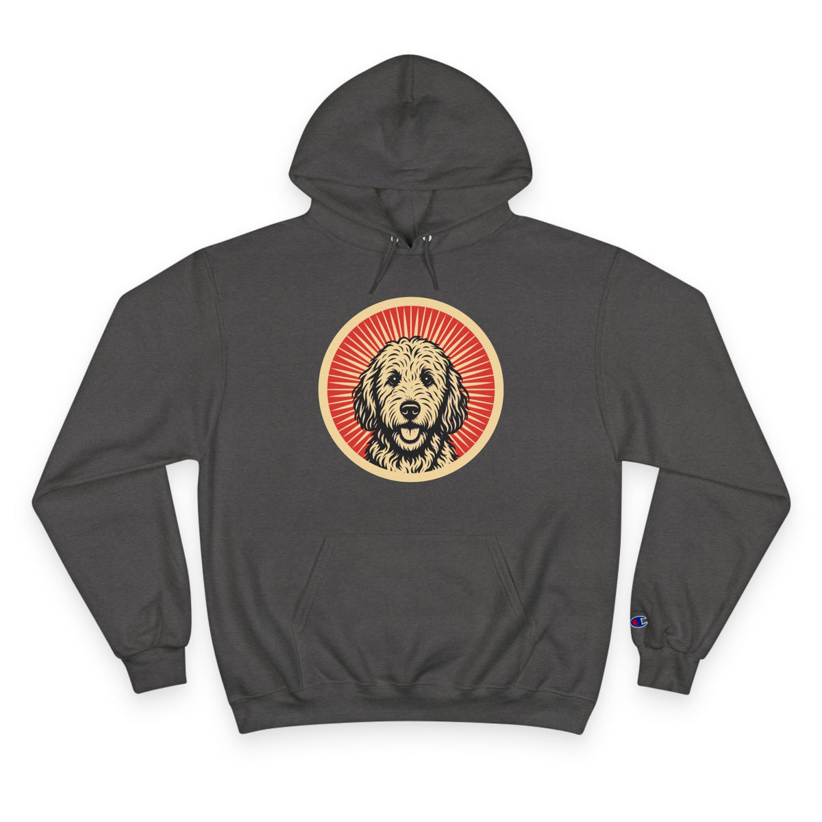 Goldendoodle badge art in a ring of red rays on a champion hoodie