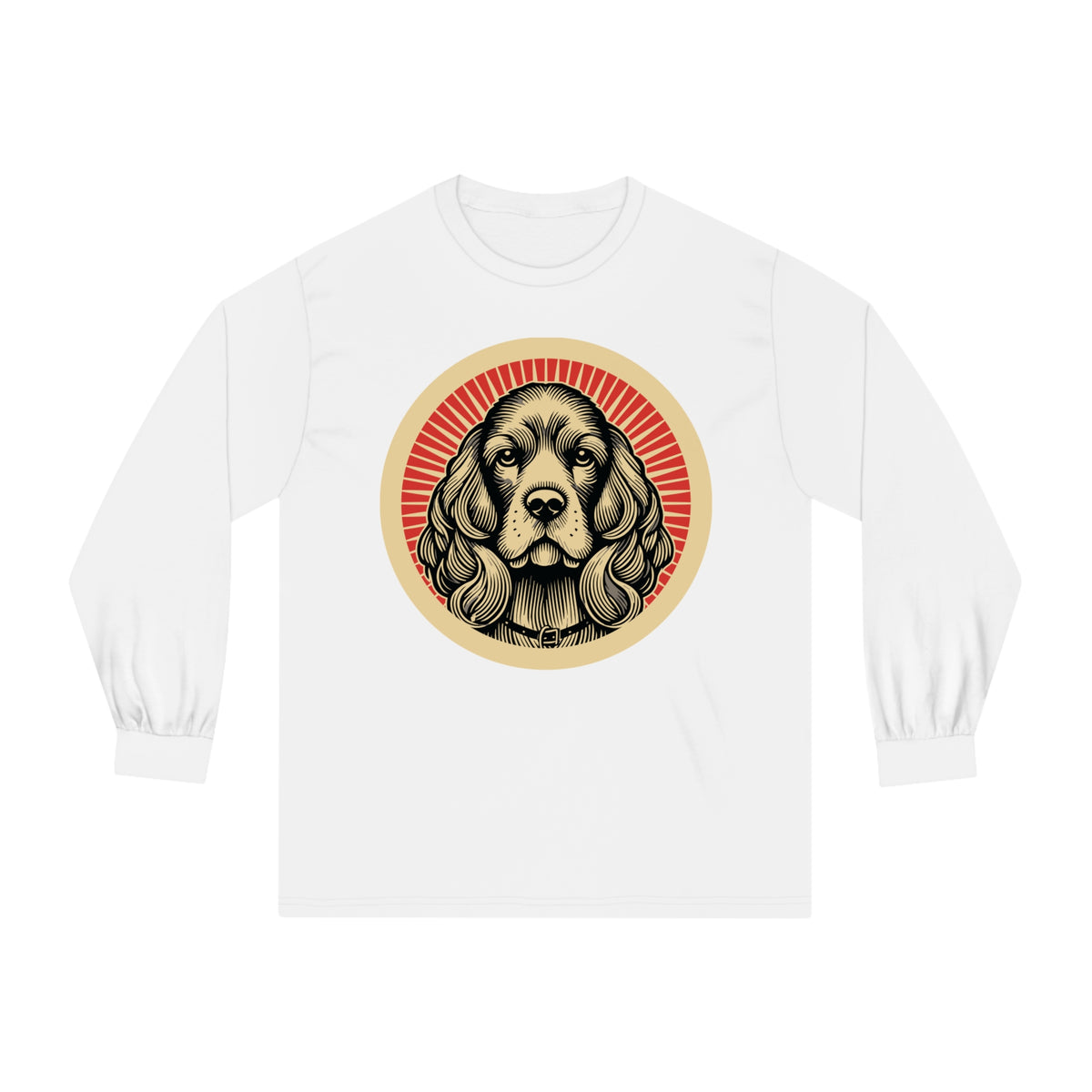 Cavalier King Charles Spaniel badge art in a ring of red rays on a long-sleeve tee