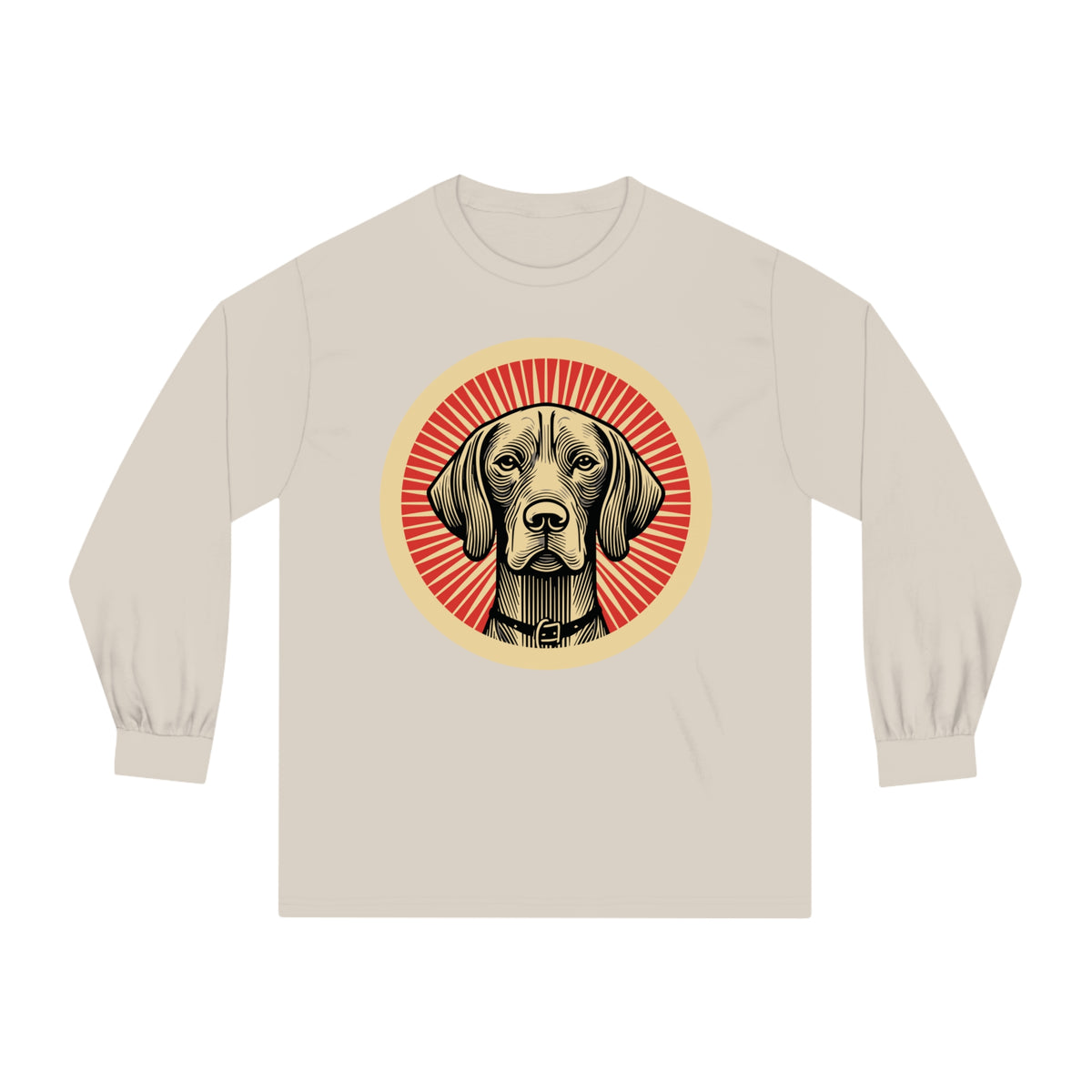 Vizsla badge art in a ring of red rays on a long-sleeve tee