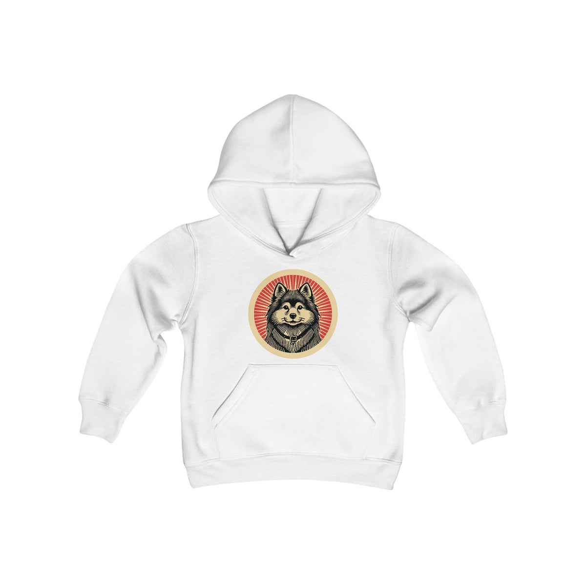 Finnish Spitz badge art in a ring of red rays on a kids' hoodie
