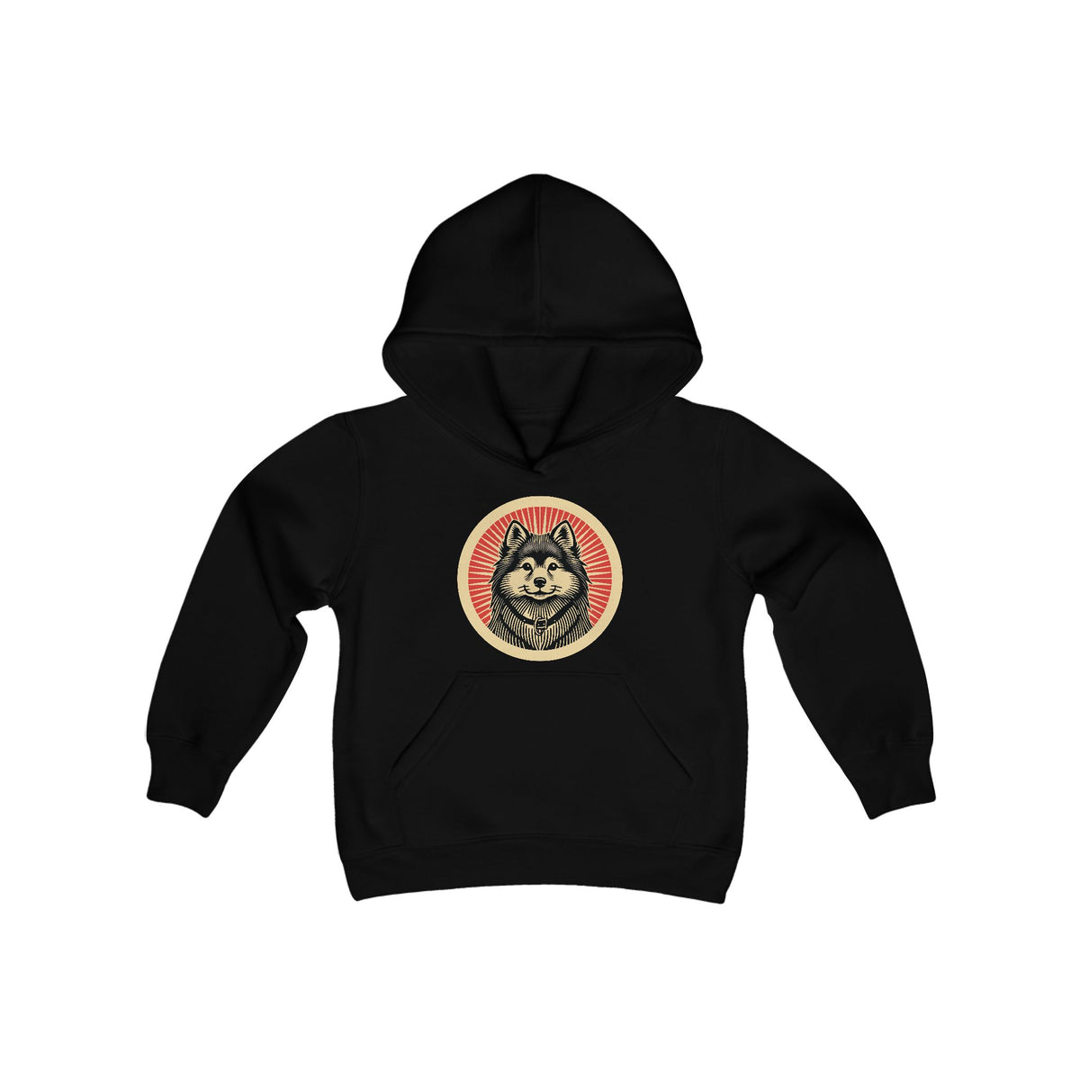 Finnish Spitz badge art in a ring of red rays on a kids' hoodie