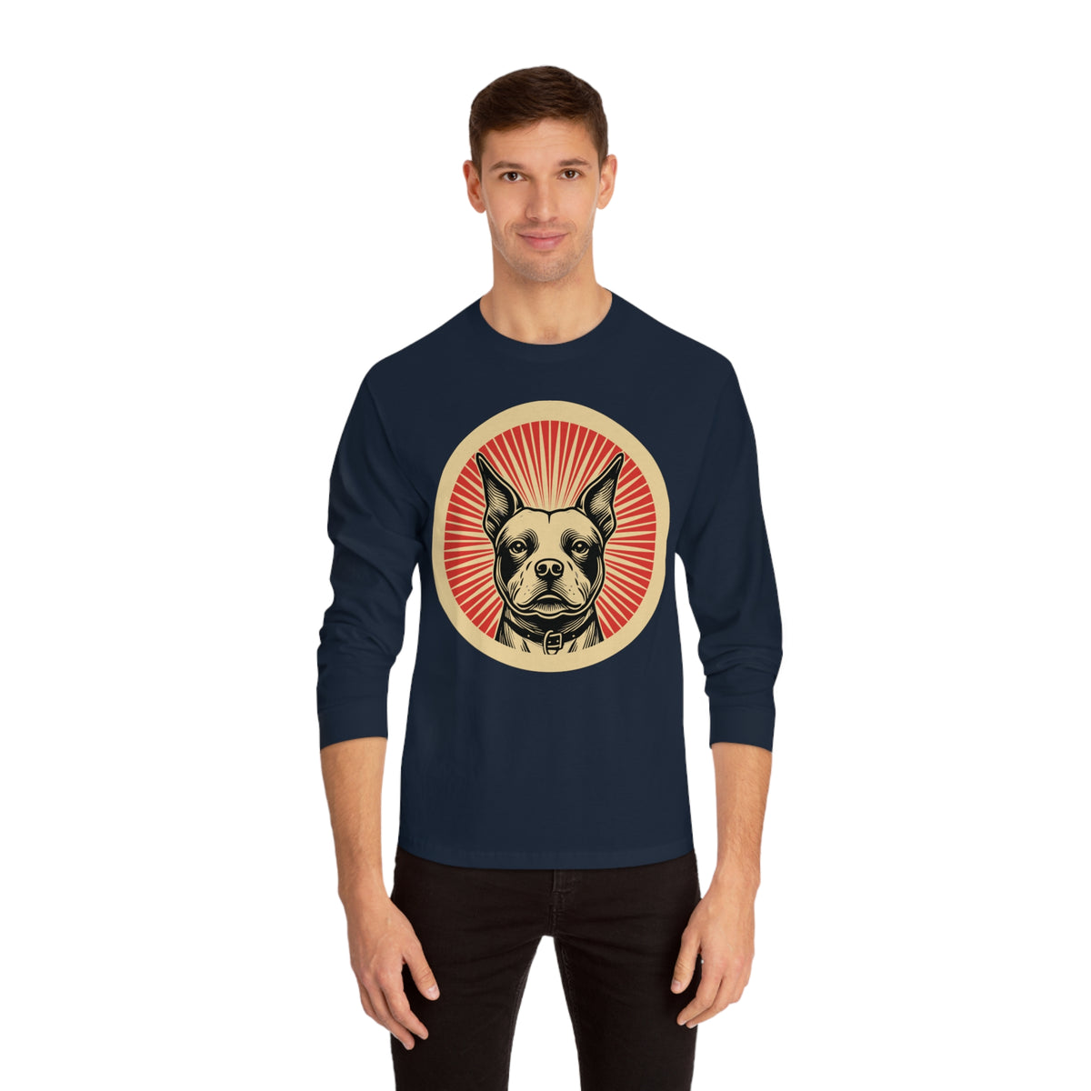 Staffordshire Bull Terrier badge art in a ring of red rays on a long-sleeve tee