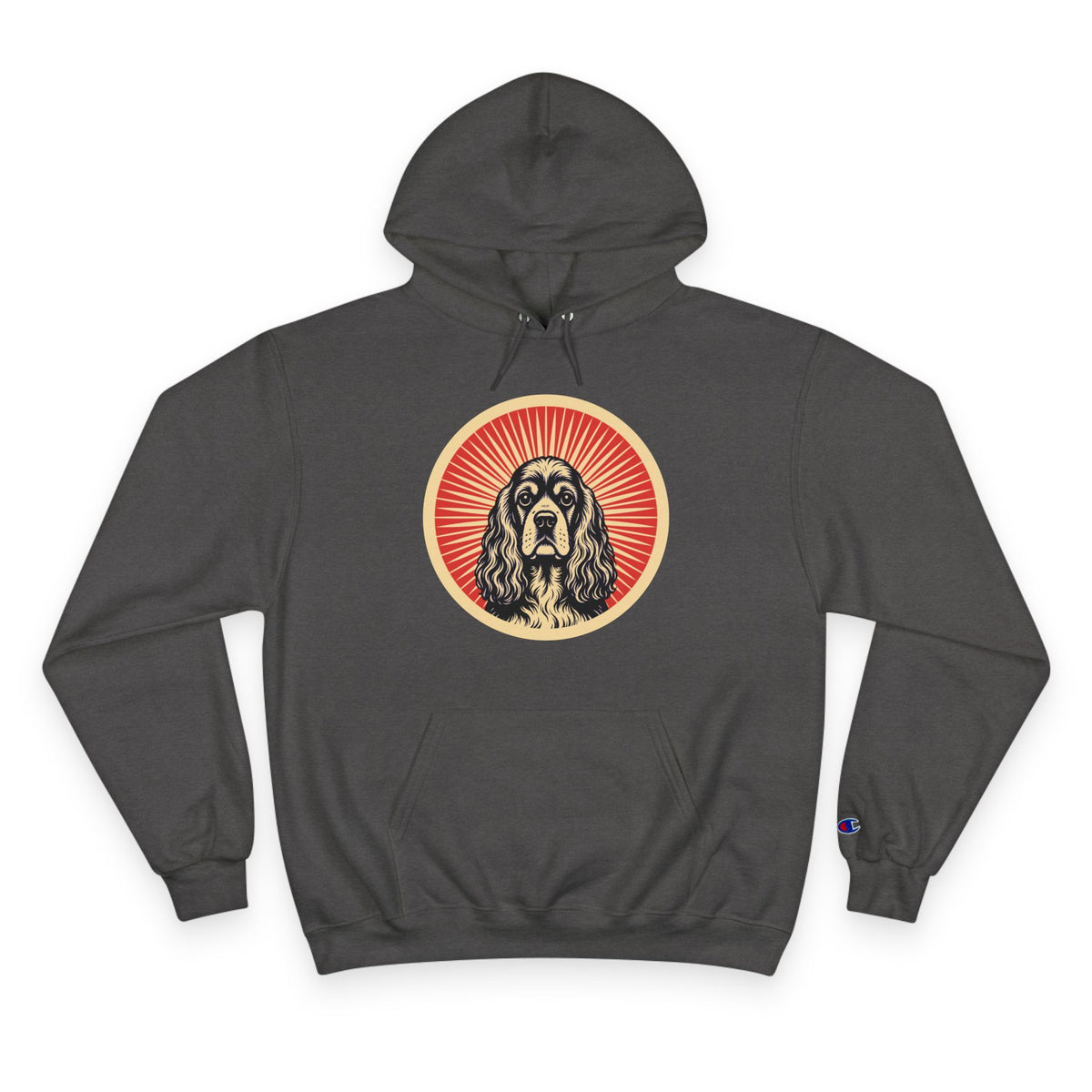 American Cocker Spaniel badge art in a ring of red rays on a champion hoodie