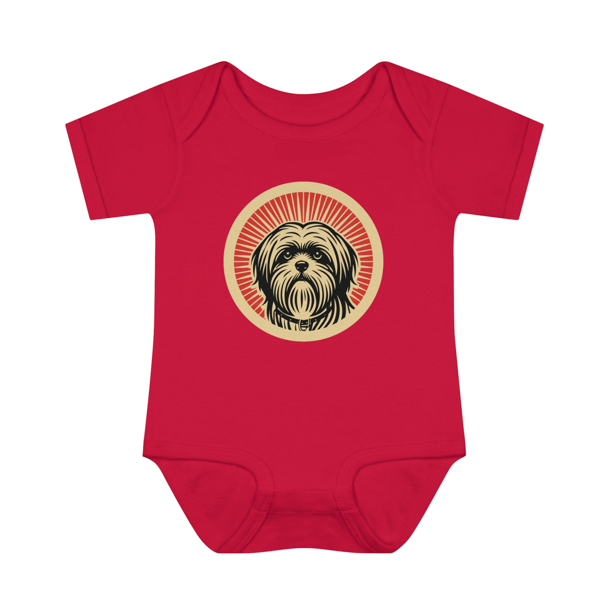 Lhasa Apso badge art in a ring of red rays on a baby bodysuit