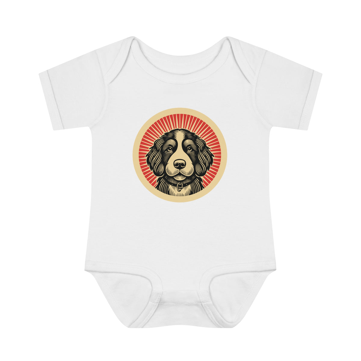 Bernedoodle badge art in a ring of red rays on a baby bodysuit