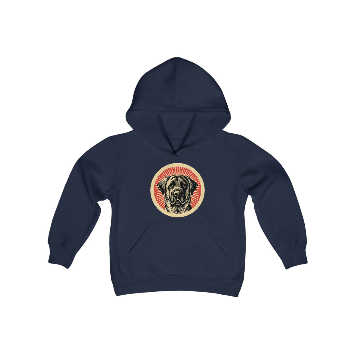 Anatolian Shepherd Dog badge art in a ring of red rays on a kids' hoodie