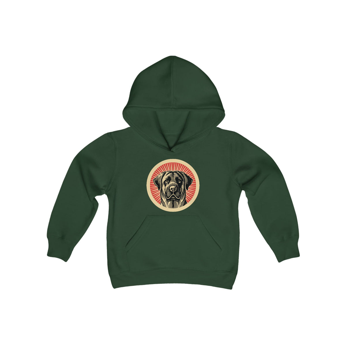 Anatolian Shepherd Dog badge art in a ring of red rays on a kids' hoodie