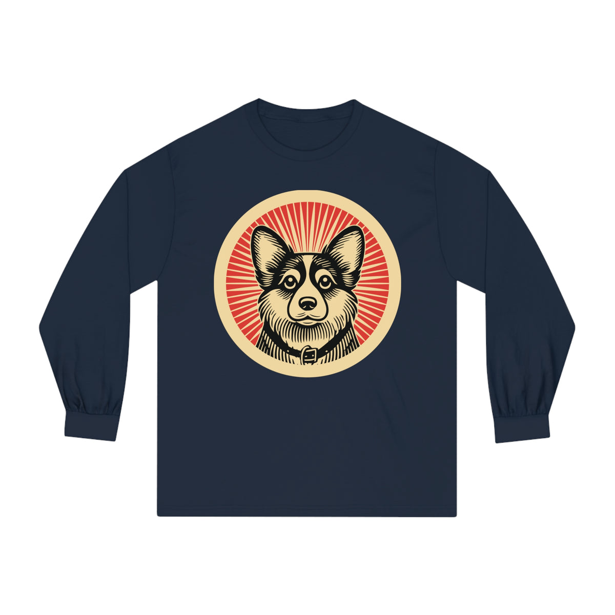 Corgipoo badge art in a ring of red rays on a long-sleeve tee