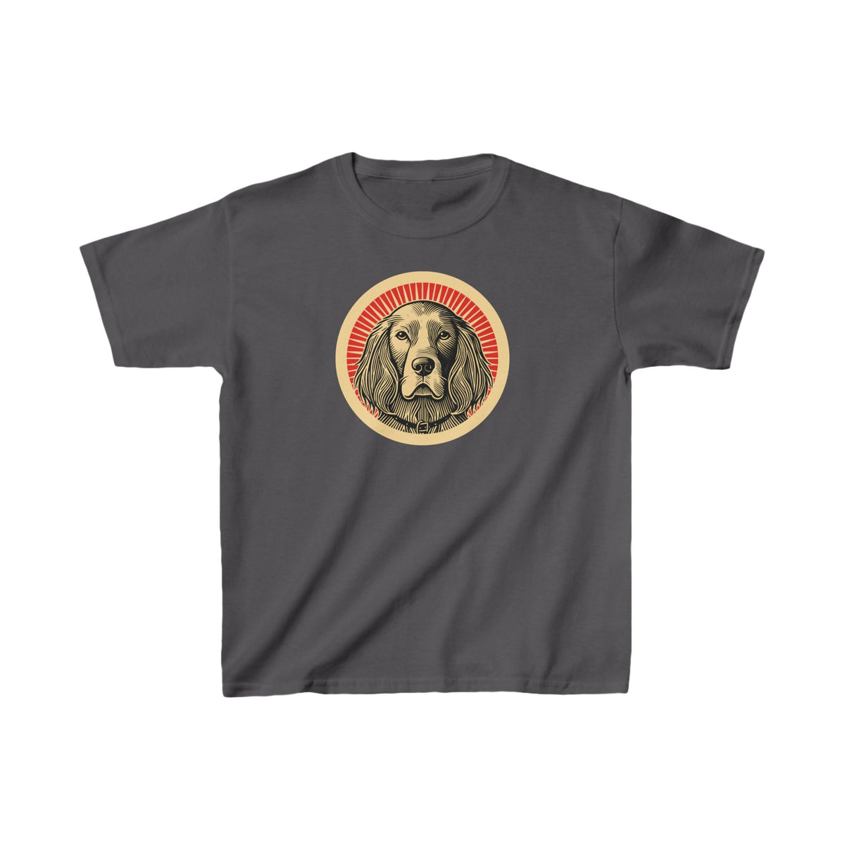 English Setter badge art in a ring of red rays on a kids' tee