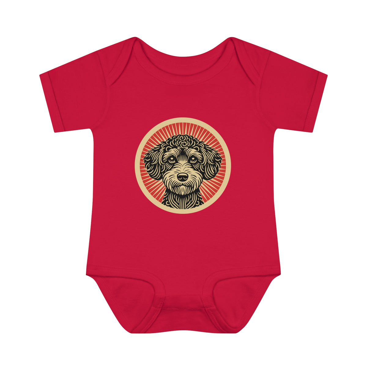 Schnoodle badge art in a ring of red rays on a baby bodysuit