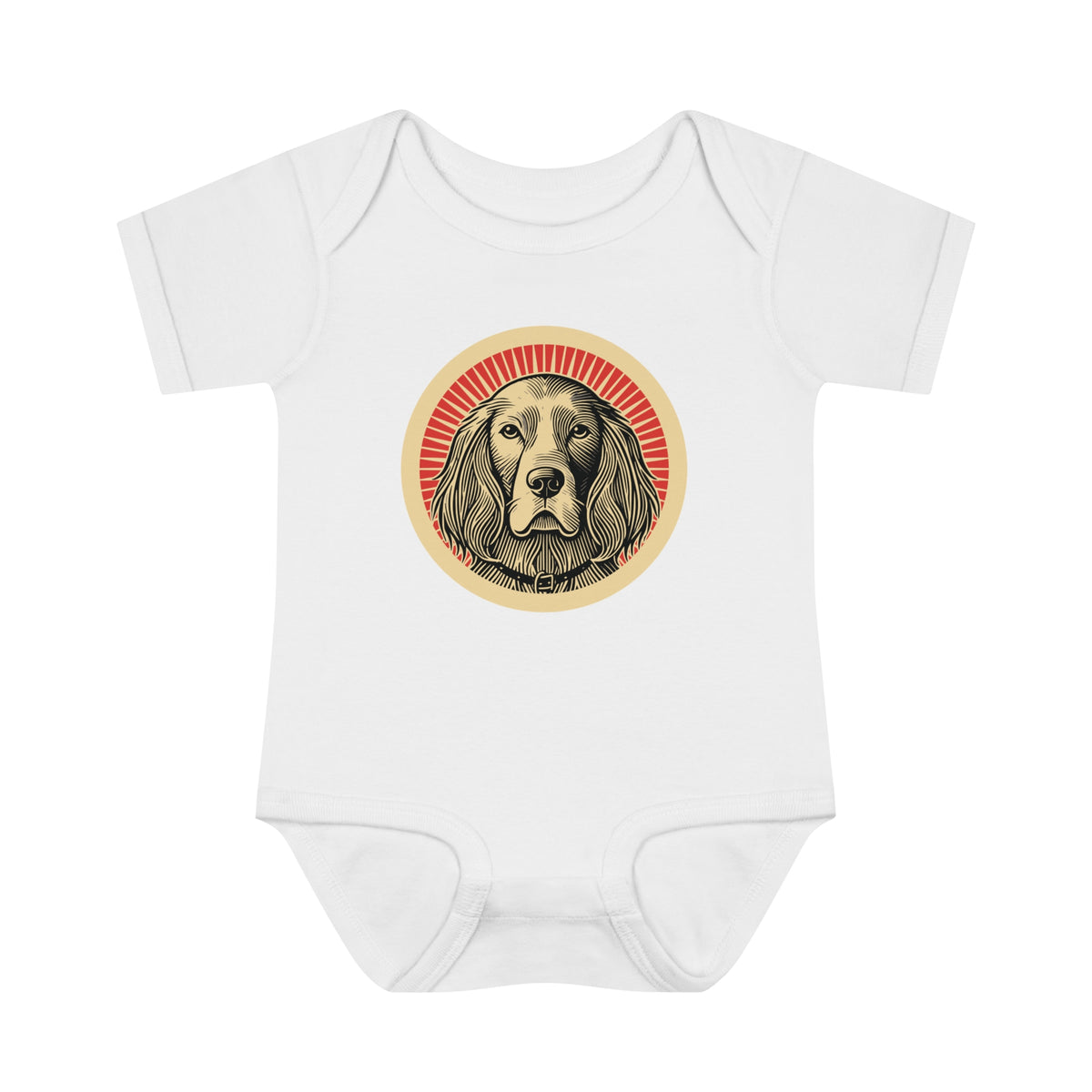 English Setter badge art in a ring of red rays on a baby bodysuit