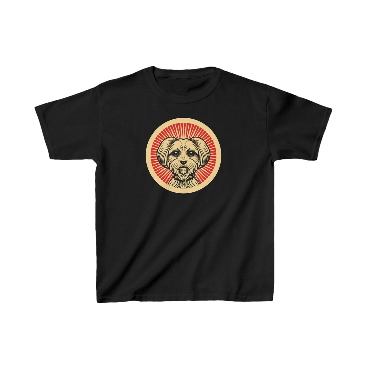 Maltese badge art in a ring of red rays on a kids' tee