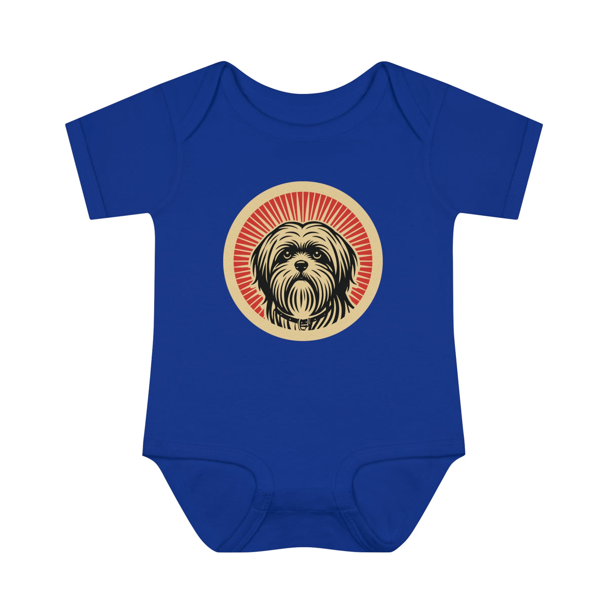 Lhasa Apso badge art in a ring of red rays on a baby bodysuit