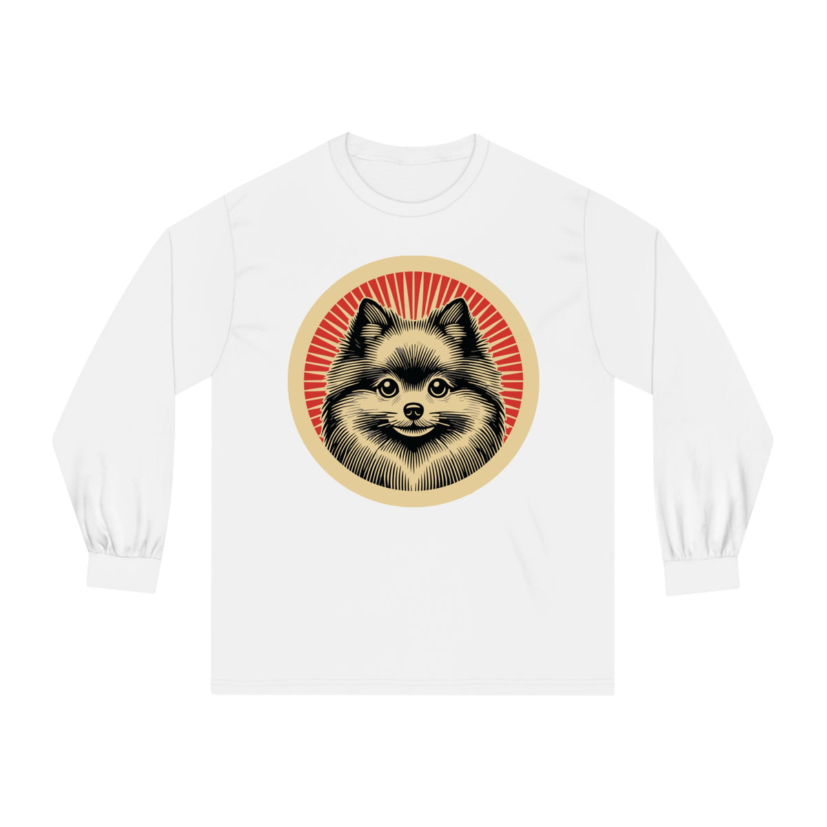 Pomeranian badge art in a ring of red rays on a long-sleeve tee