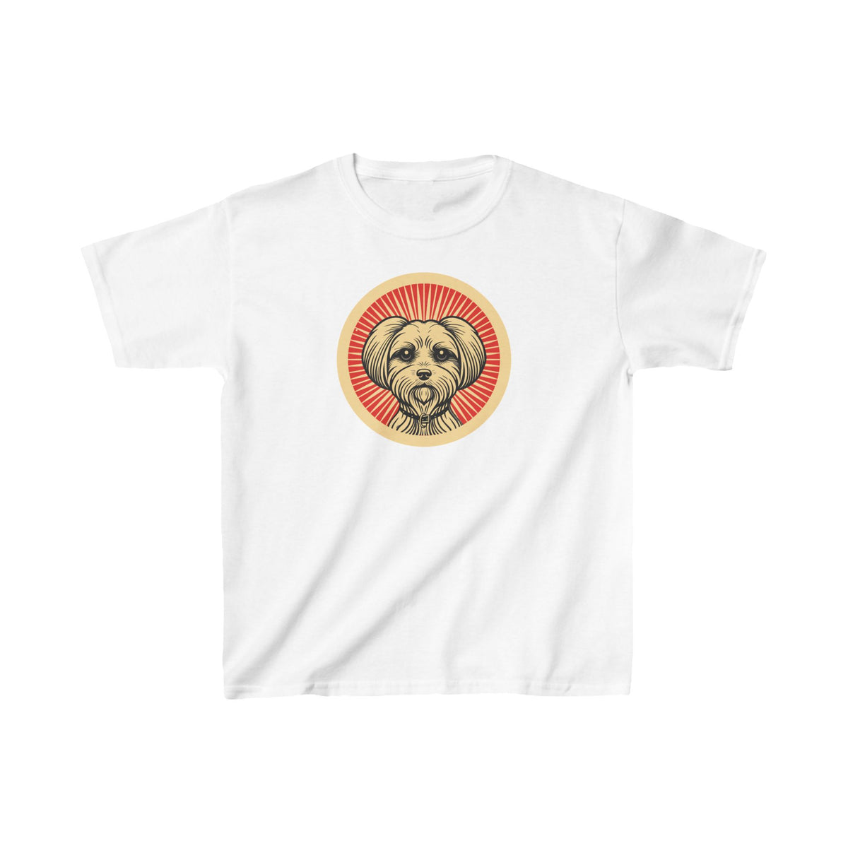 Maltese badge art in a ring of red rays on a kids' tee