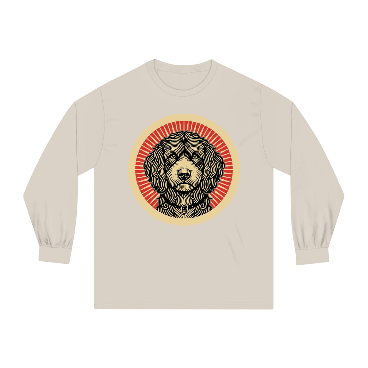 Aussiedoodle badge art in a ring of red rays on a long-sleeve tee