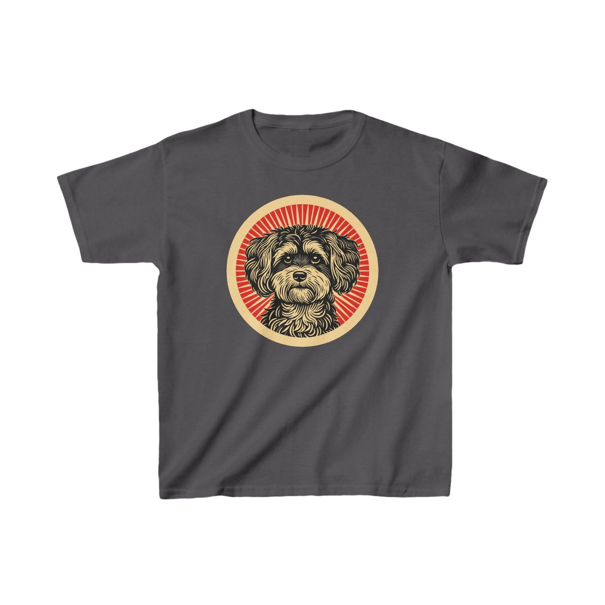 Maltipoo badge art in a ring of red rays on a kids' tee