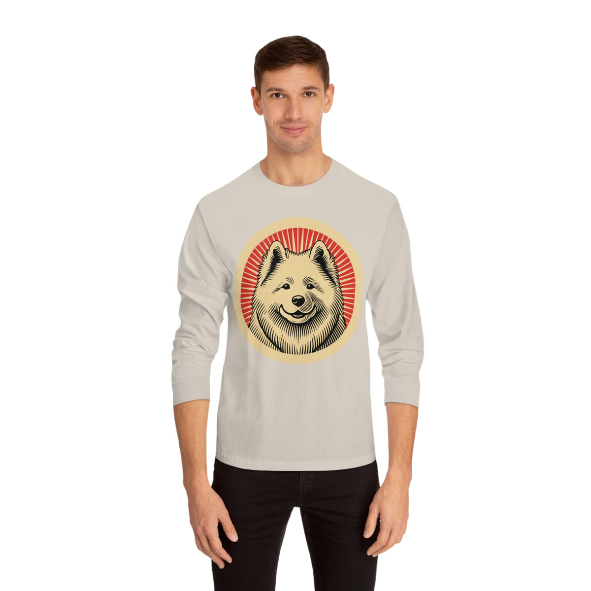Samoyed badge art in a ring of red rays on a long-sleeve tee