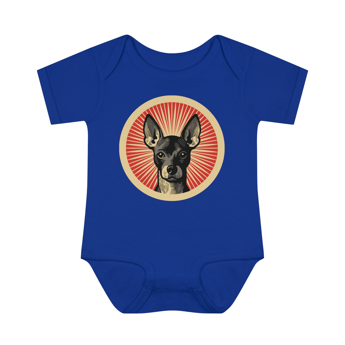 Xoloitzcuintle badge art in a ring of red rays on a baby bodysuit