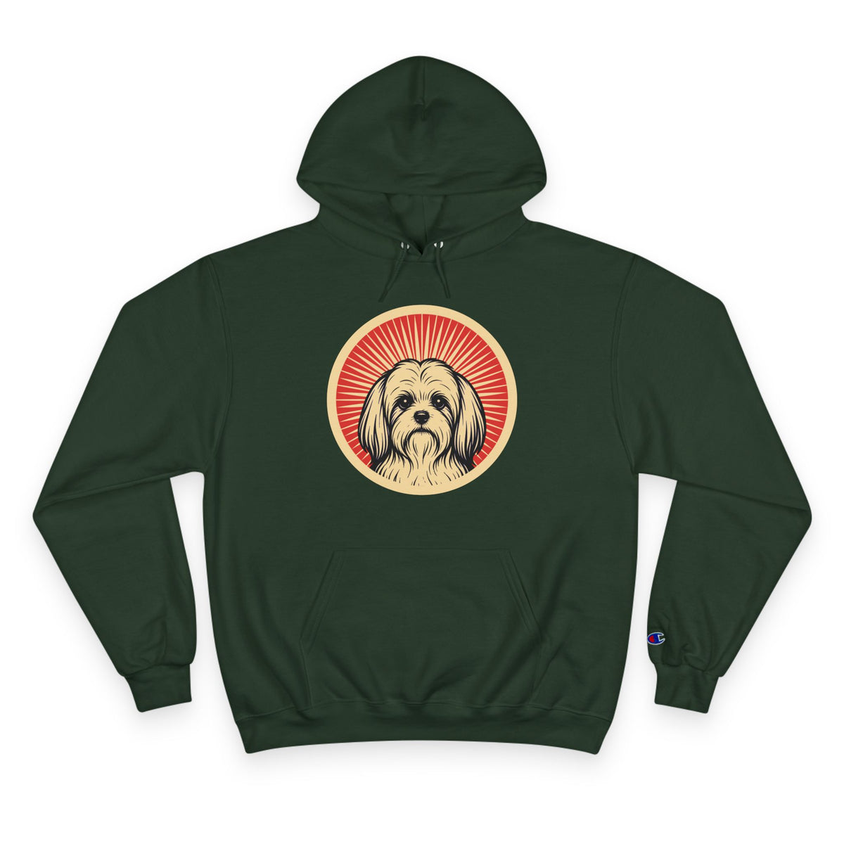 Maltese badge art in a ring of red rays on a champion hoodie