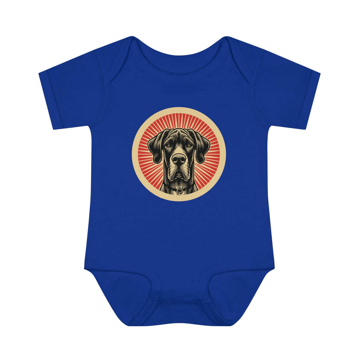 Great Dane badge art in a ring of red rays on a baby bodysuit