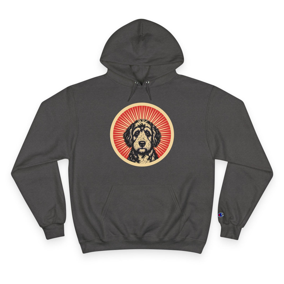 Bordoodle badge art in a ring of red rays on a champion hoodie