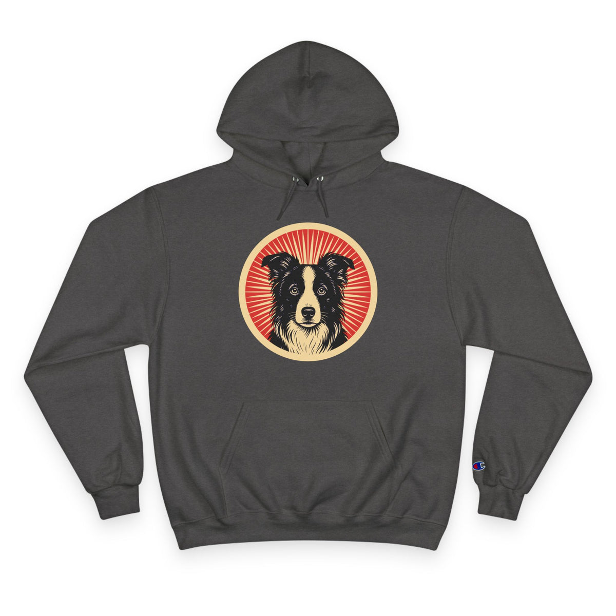Border Collie badge art in a ring of red rays on a champion hoodie