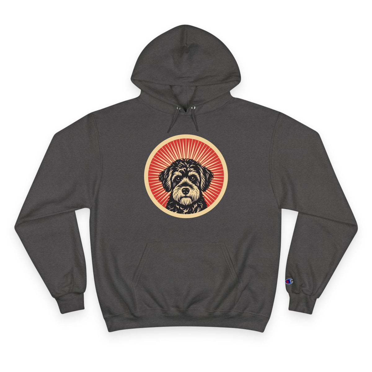 Schnoodle badge art in a ring of red rays on a champion hoodie