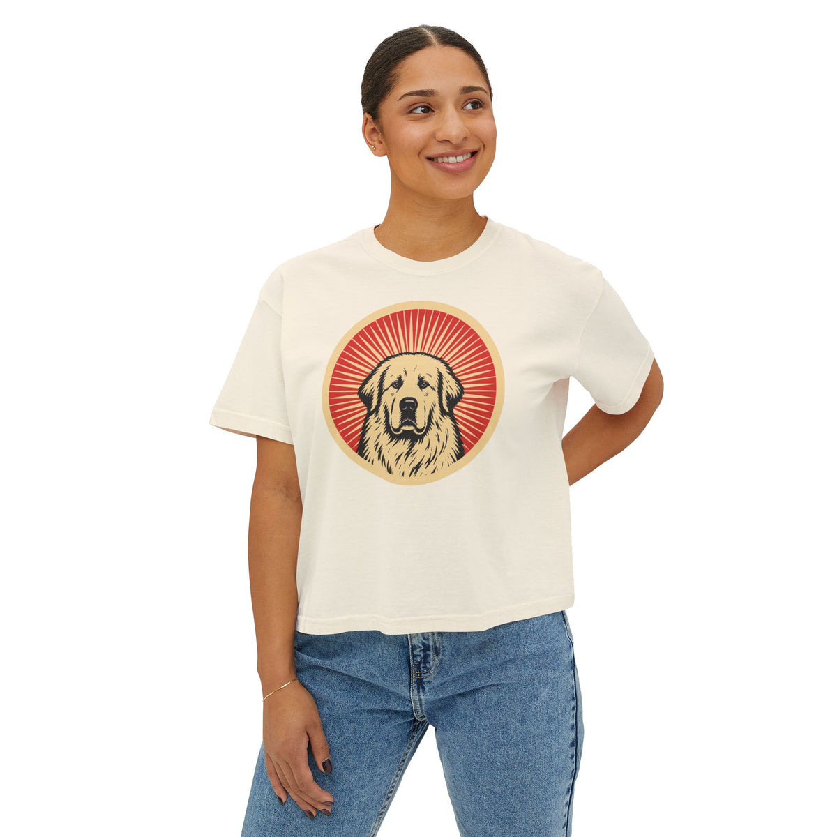 Great Pyrenees badge art in a ring of red rays on a boxy tee