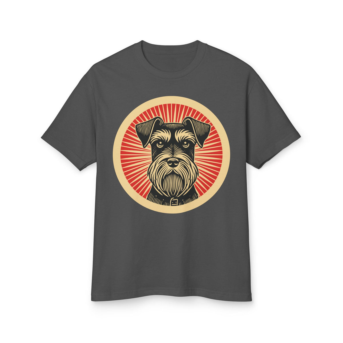 Miniature Schnauzer badge art in a ring of red rays on a heavyweight tee