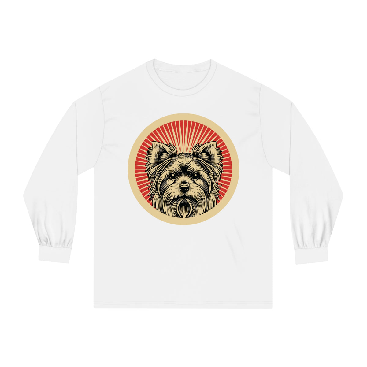 Yorkshire Terrier badge art in a ring of red rays on a long-sleeve tee
