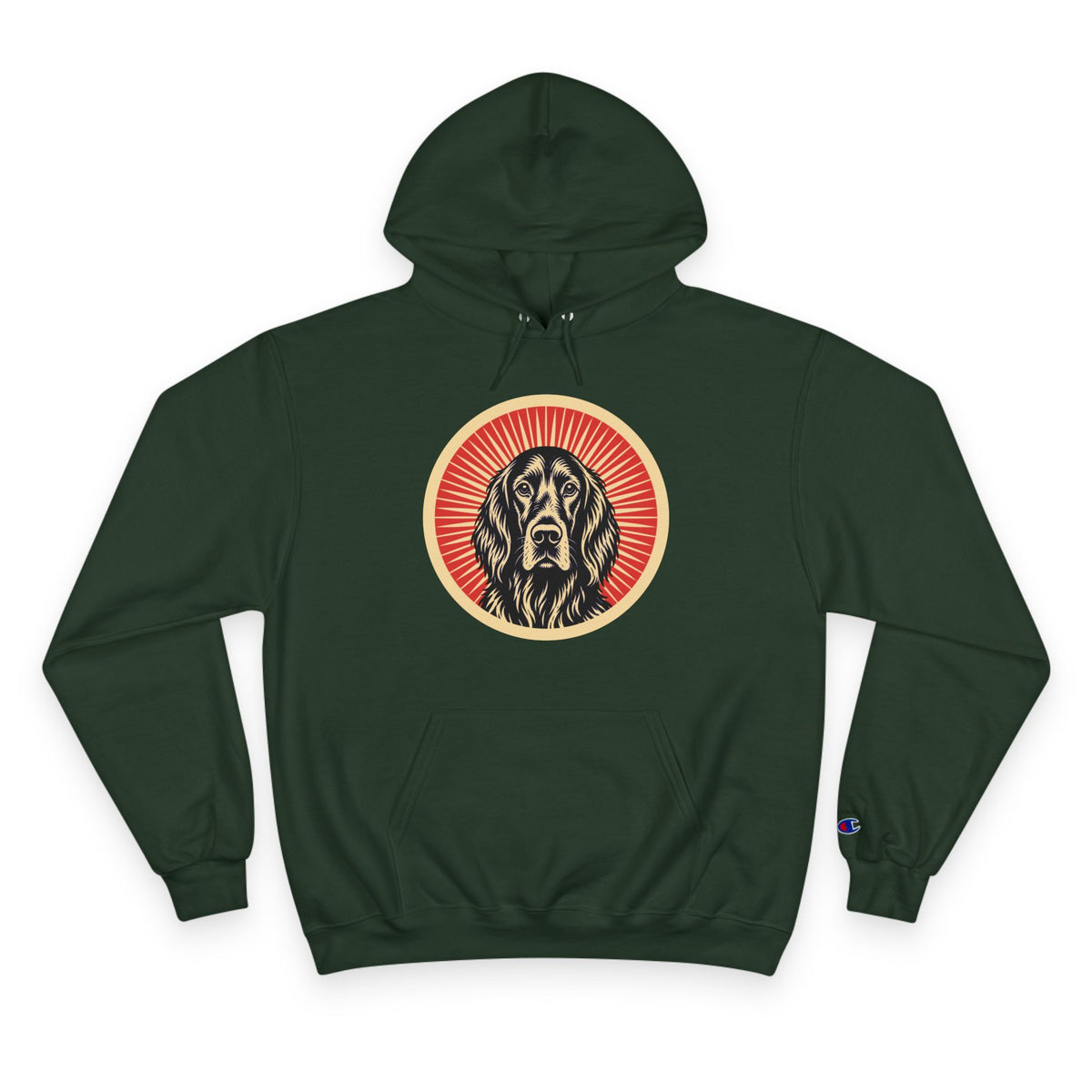 Irish Setter badge art in a ring of red rays on a champion hoodie