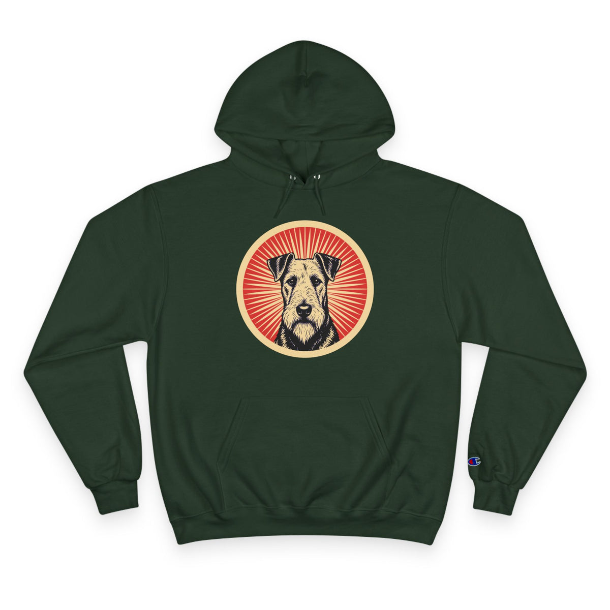 Airedale Terrier badge art in a ring of red rays on a champion hoodie
