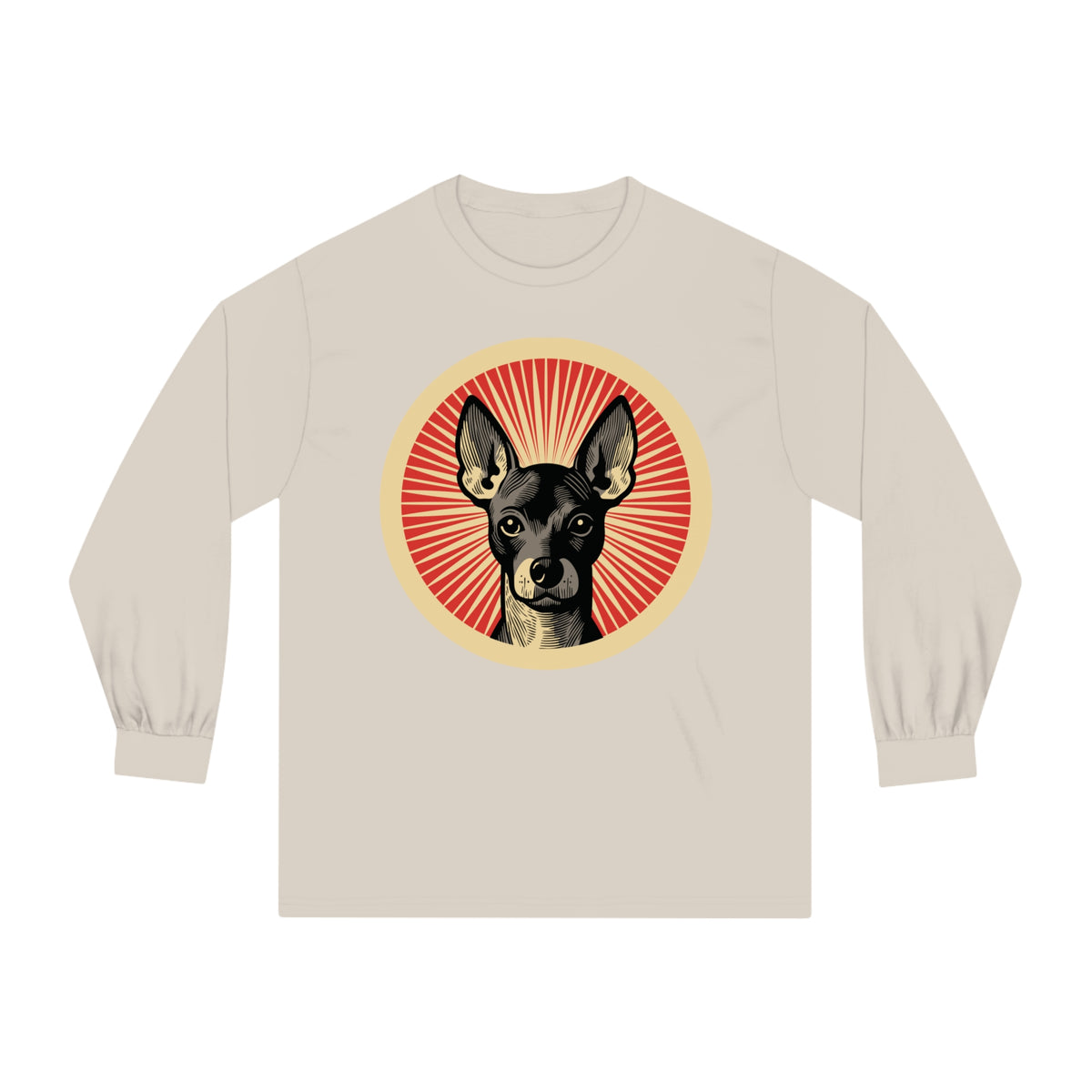 Xoloitzcuintle badge art in a ring of red rays on a long-sleeve tee