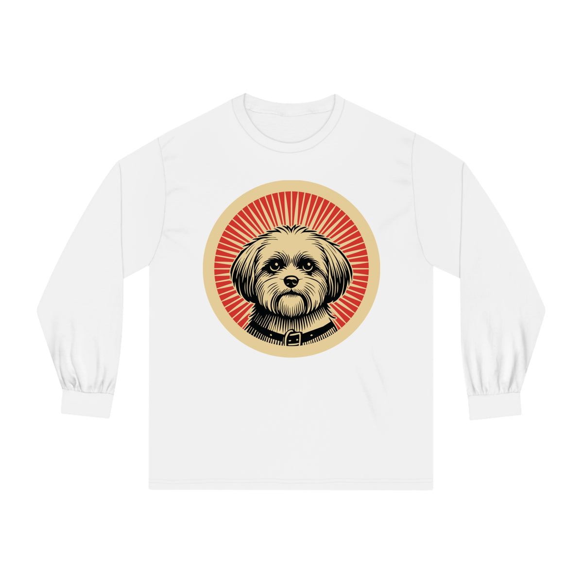 Shihpoo badge art in a ring of red rays on a long-sleeve tee
