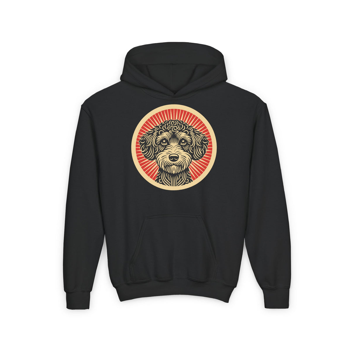 Schnoodle badge art in a ring of red rays on a kids' hoodie
