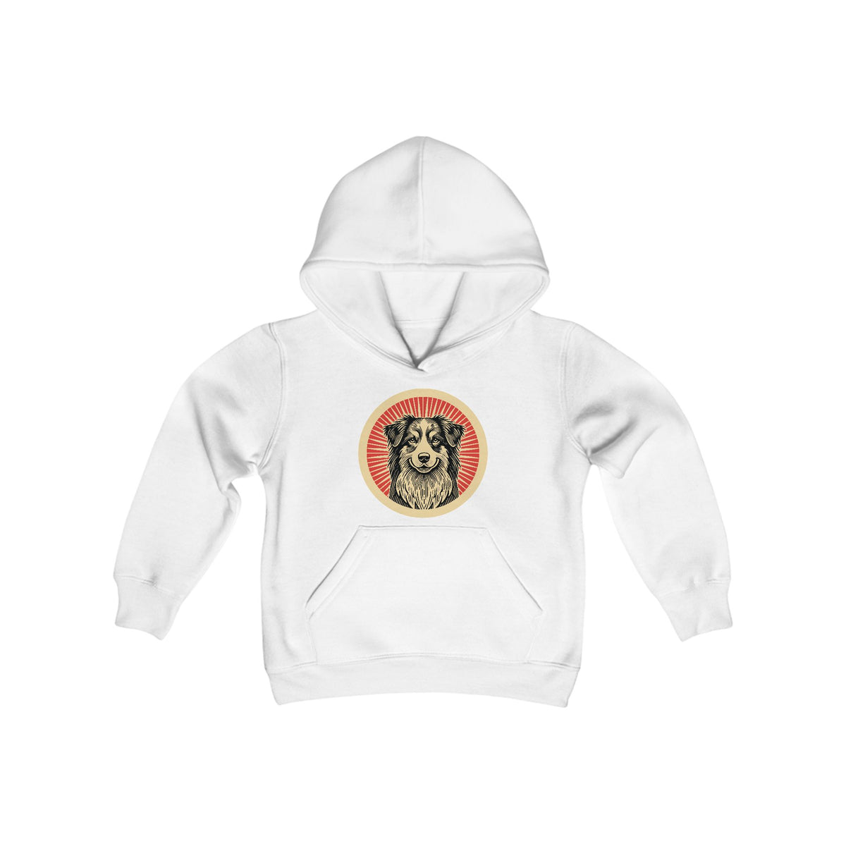 Australian Shepherd badge art in a ring of red rays on a kids' hoodie
