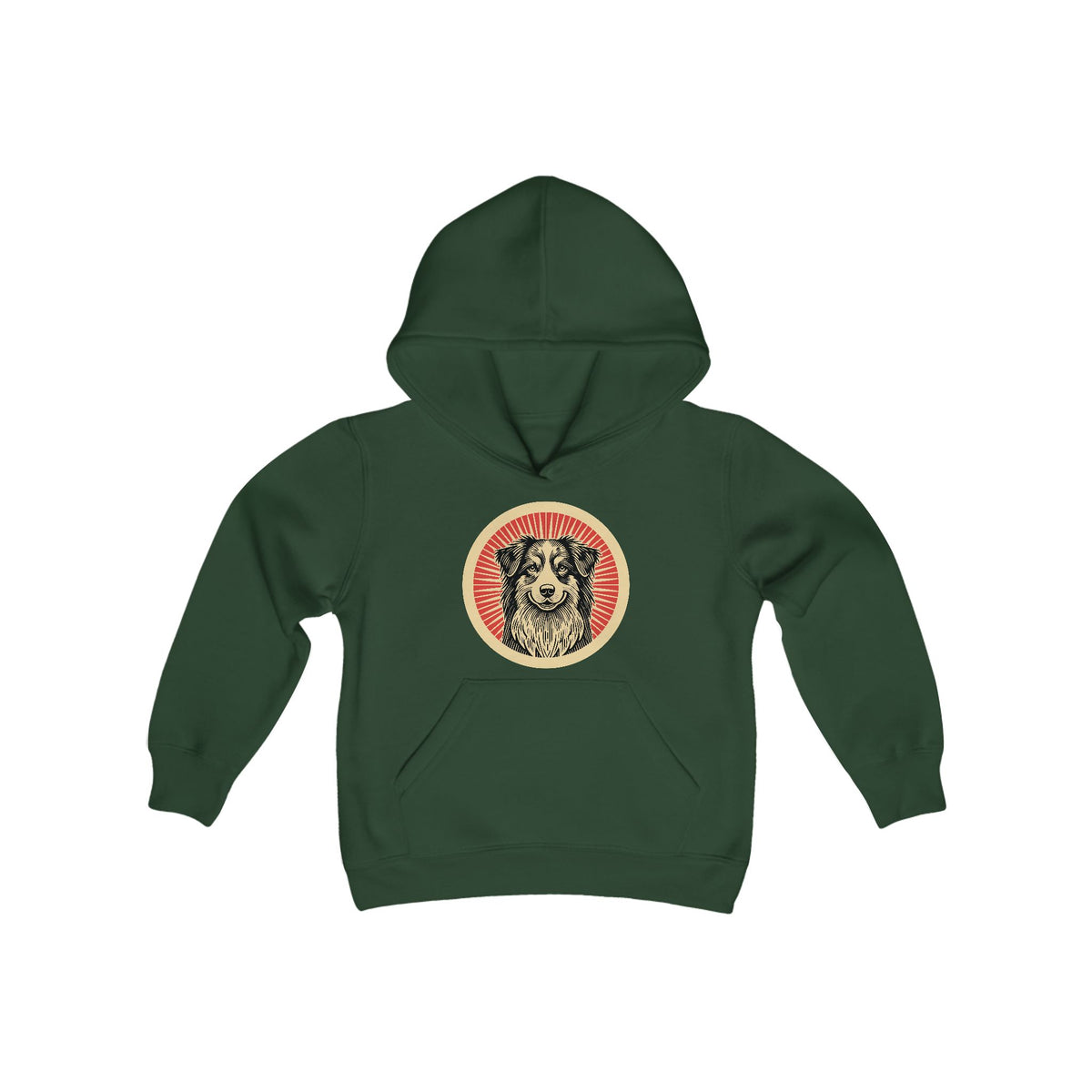 Australian Shepherd badge art in a ring of red rays on a kids' hoodie