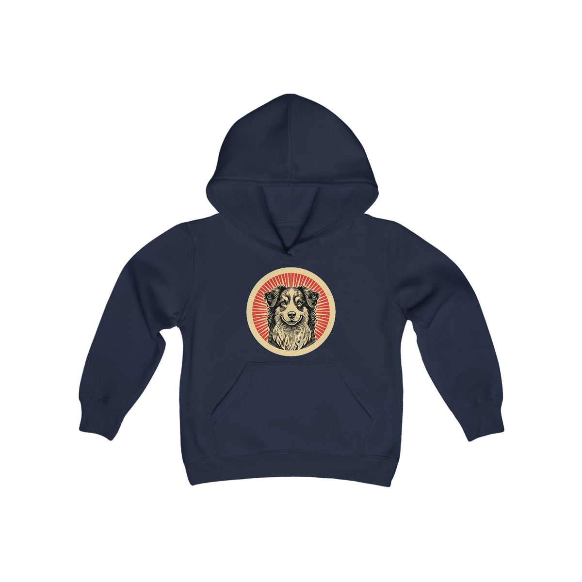 Australian Shepherd badge art in a ring of red rays on a kids' hoodie
