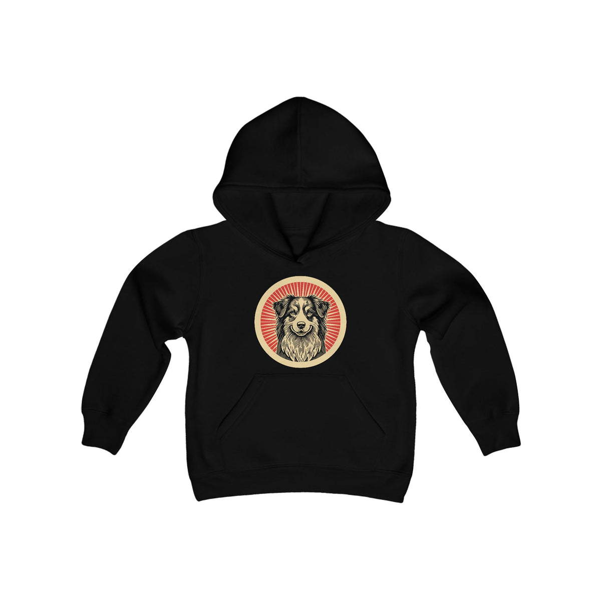 Australian Shepherd badge art in a ring of red rays on a kids' hoodie