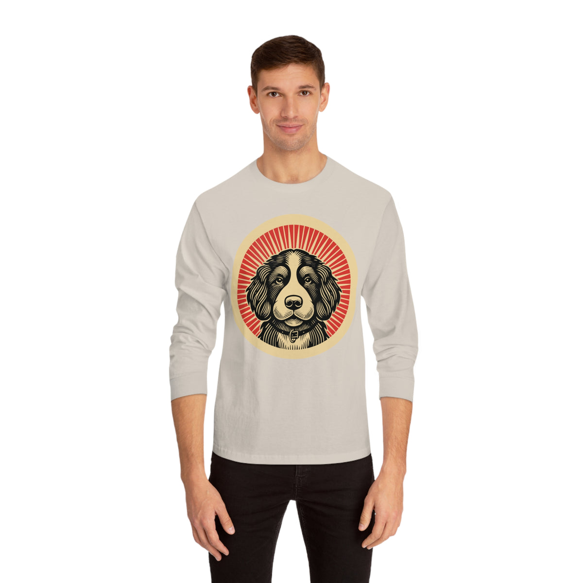 Bernedoodle badge art in a ring of red rays on a long-sleeve tee