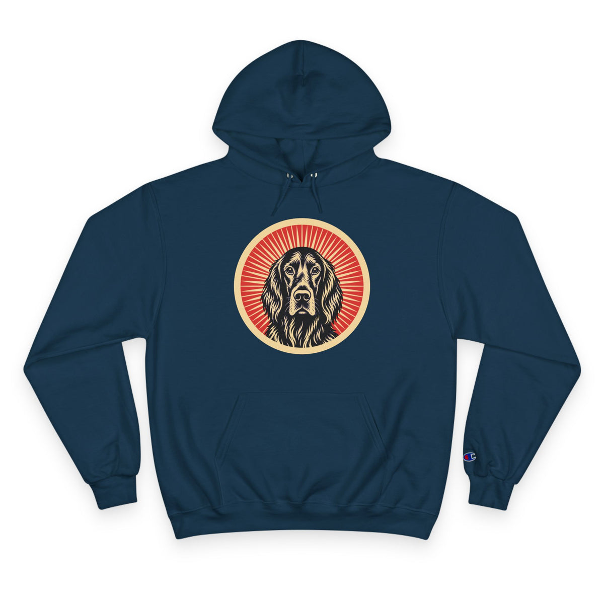 Irish Setter badge art in a ring of red rays on a champion hoodie